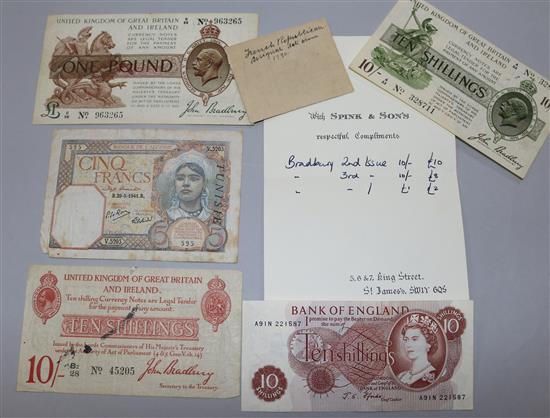 A 1790 Republic of France banknote and various George V Bradbury banknotes